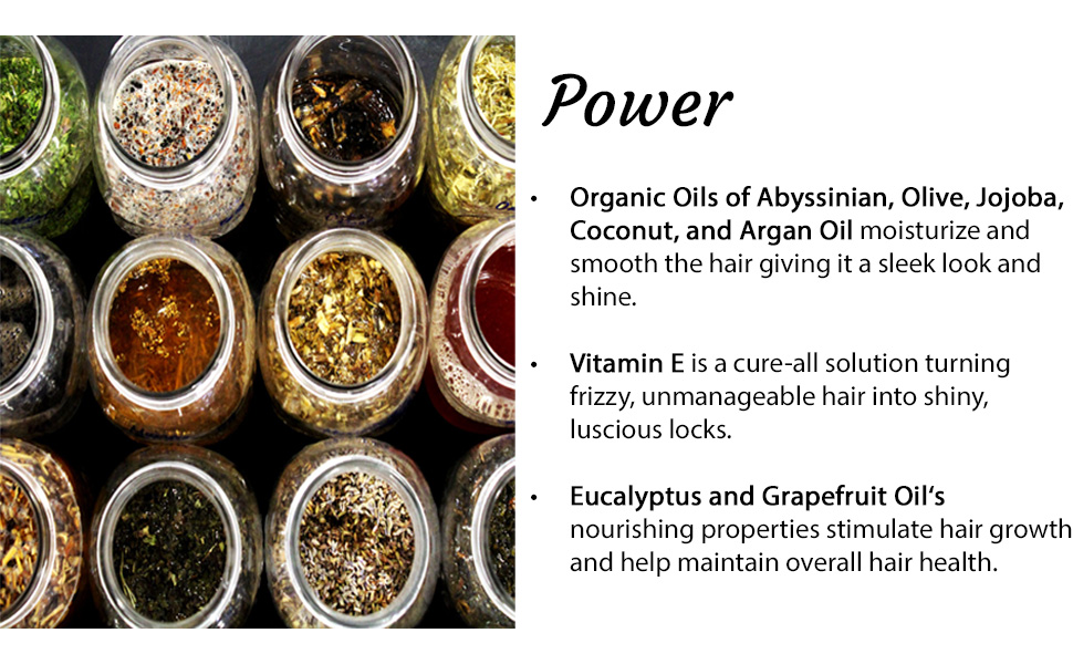 Abyssinian oil, olive oil, jojoba oil, coconut oil, argan oil, vitamin e, eucalyptus/grapefruit oil