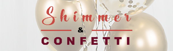 shimmer and confetti logo - gold confetti and chrome balloons