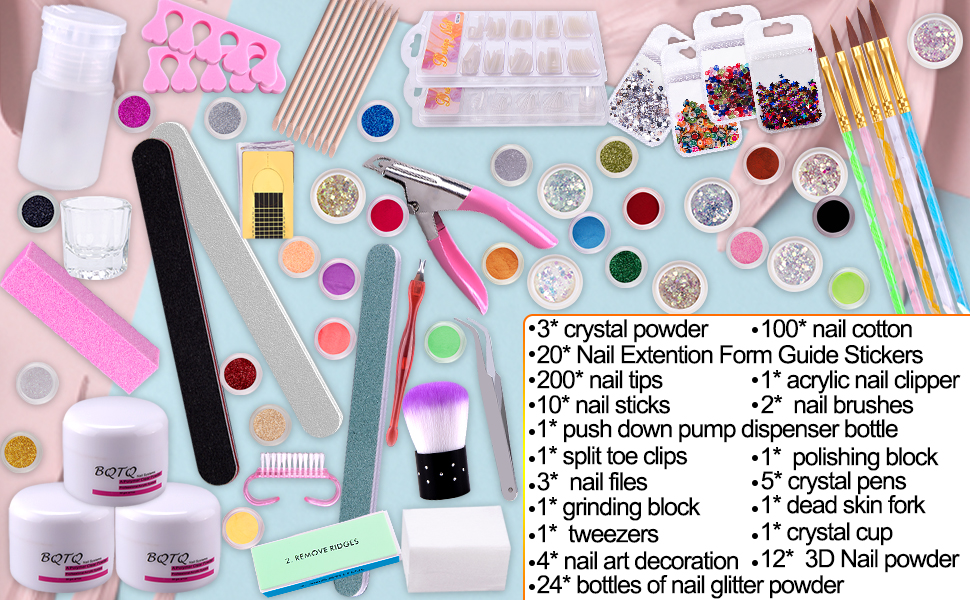 BQTQ nail art kit includes 3 colors crystal powder and come with 18 kinds of tools you might need
