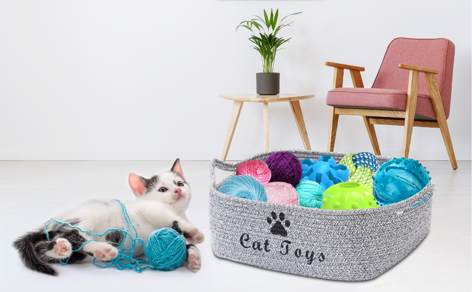 Morezi Durable rope cat toy box with handle, pet toy basket