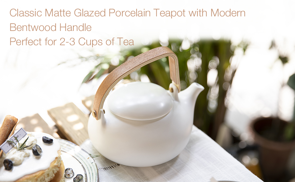 ZENS Ceramic Teapot with Infuser, Bentwood Handle Japanese 2 Cup Loose