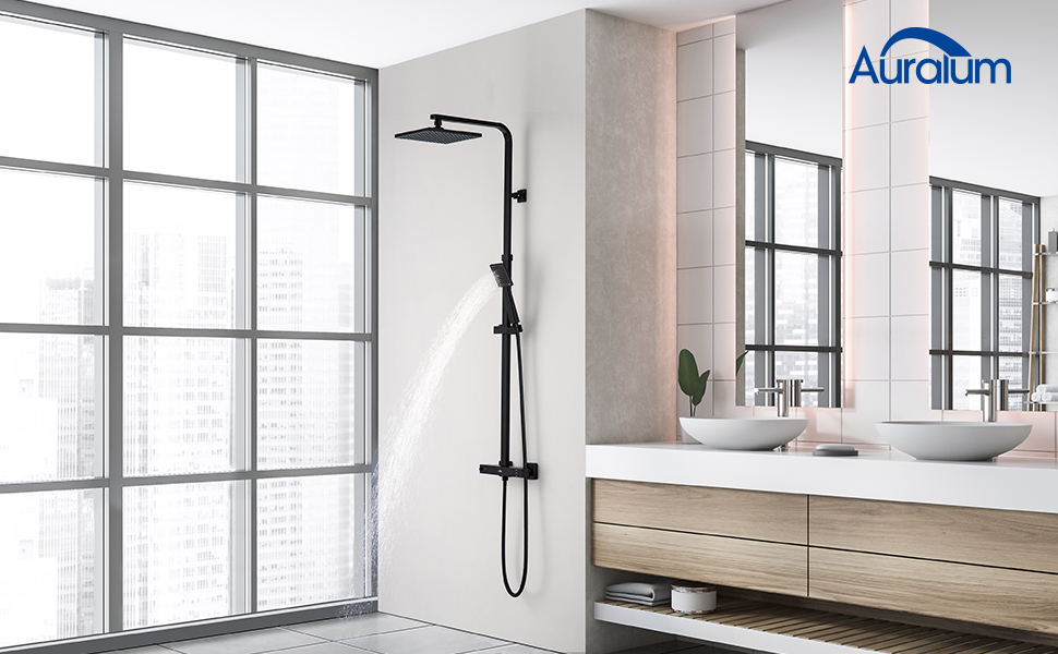 Auralum Black Shower System with Thermostat Mixer, Shower Fitting