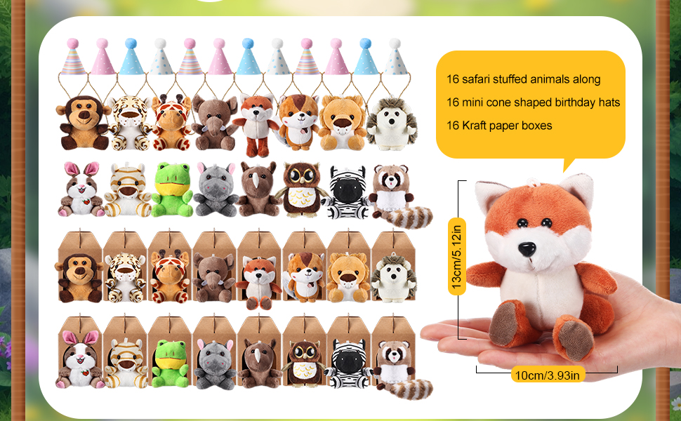 Photo 1 of 
48 Pcs Mini Safari Plush Animals Set Forest Stuffed Toys Adopt a Pet Party Favors Jungle Animal Plush Toys with Birthday Hats Paper Boxes for Animal Theme Favor Birthday Party Gift