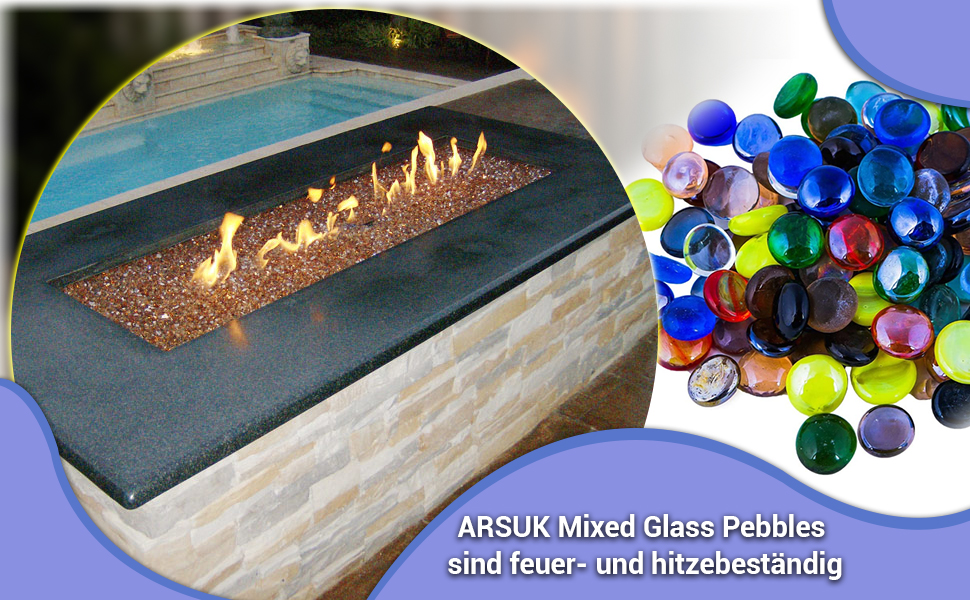 transparente Kieselsteine, Glas, hitzebeständig, feuerfest, Kristall, glatt poliert.