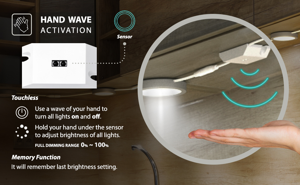 EShine puck under cabinet led lighting with hand wave activation dimmable for kitchen closet laundry