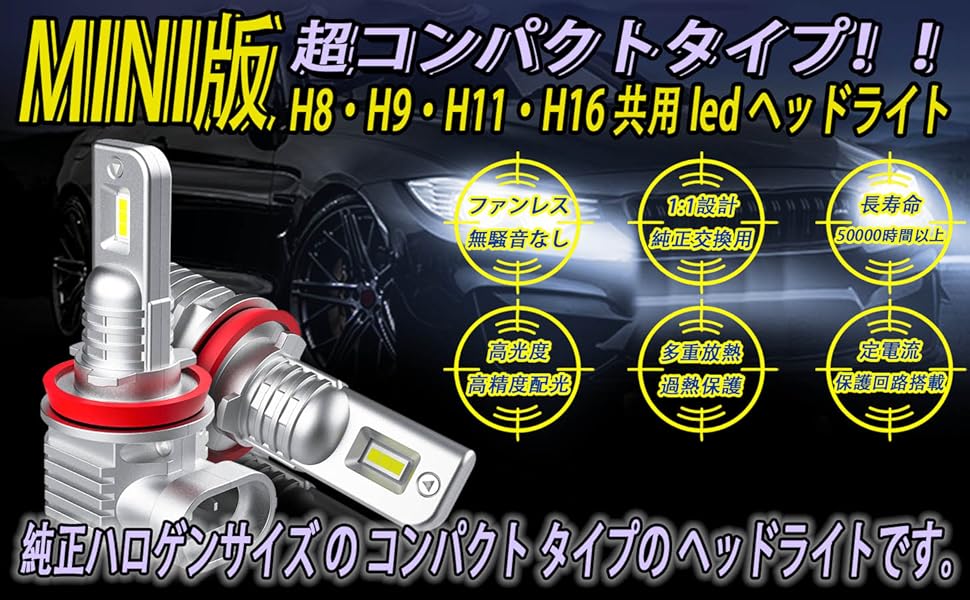 Amazon.co.jp Feison H8 H9 H11 H16 Common LED Headlight Fog Lamp, White, 6500K, Ultra Small Size