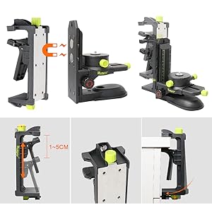 Huepar Adaptateur Niveau Laser, Base Pivotante Magnétique Multifonctionnelle Avec Clip Réglable, Laser Level Adapter à 360° Avec Filetage Mâle 1/4"-20, Rotation Précise à Micro-réglage - PV10+ 10 Clip arrière auxiliaire multifonctionnel ●Le clip arrière est compatible avec la plupart des bases magnétiques sur le marché, augmentant la force d'adsorption des aimants et la stabilité. ●La taille d'ouverture du clip peut être ajustée, offre la possibilité de monter sur n'importe quel objet jusqu'à 5cm d'épaisseur. ●L'angle vertical par rapport au mur peut être réglé à l'aide des boutons de réglage précis ainsi que de la taille d'ouverture du clip. ●Un trou de clou dans la pince permet de le fixer fermement au mur. ●La taille de la plaque en acier du clip arrière est de 5,5cm (Large) x 14cm (Long).