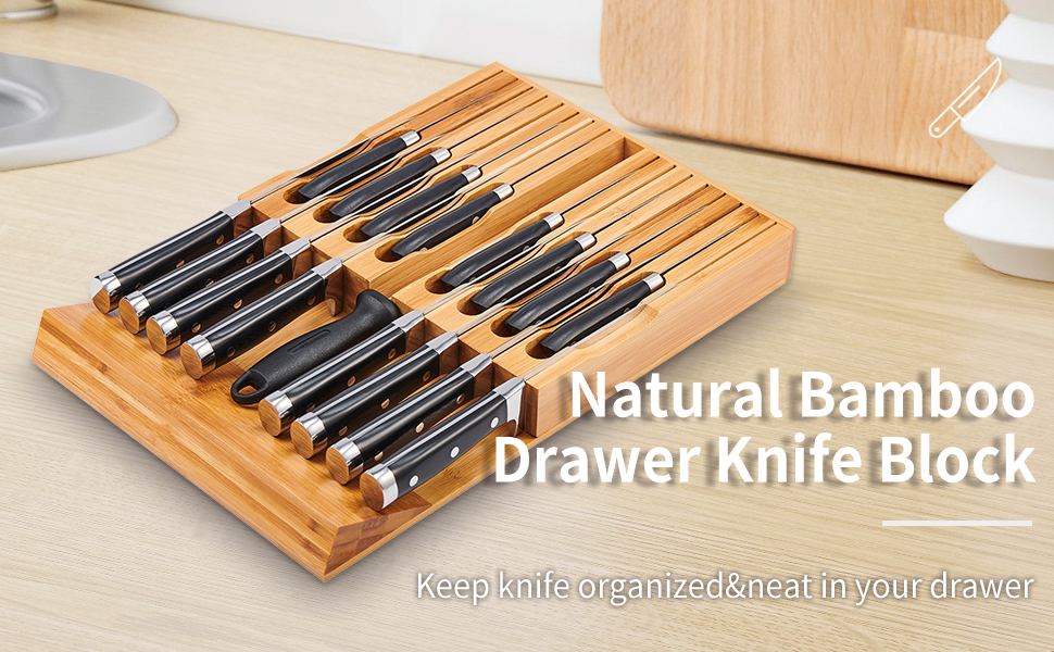 Utoplike inDrawer Bamboo Knife Block Drawer Organizer and Holder,fit