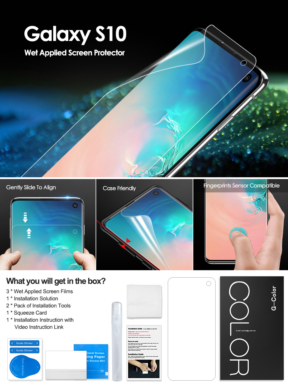 GColor Screen Protector for Galaxy S10, [Fingerprints Sensor Compatible][Case Friendly] [Wet