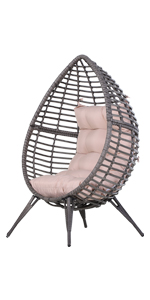 Rattansessel in Tropfenform, Gartensessel mit Sitzkissen, Erhöhter Rattanstuhl, Metall, Beige