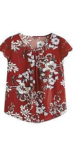Milumia Women's Flower Print Lace Cap Sleeve Pleated Blouses Chiffon Work Top