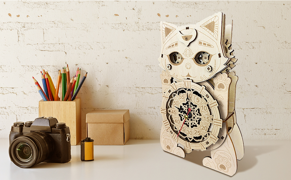 Foyucool 3D Wooden Puzzle for Adults, DIY Cat Clock with No