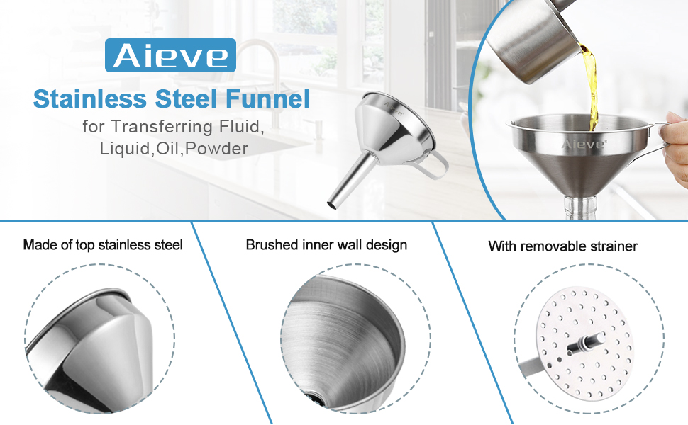 Stainless Steel Funnel, Aieve 4 Inch Strainer Funnel with Filter Kitchen Funnel with Removable