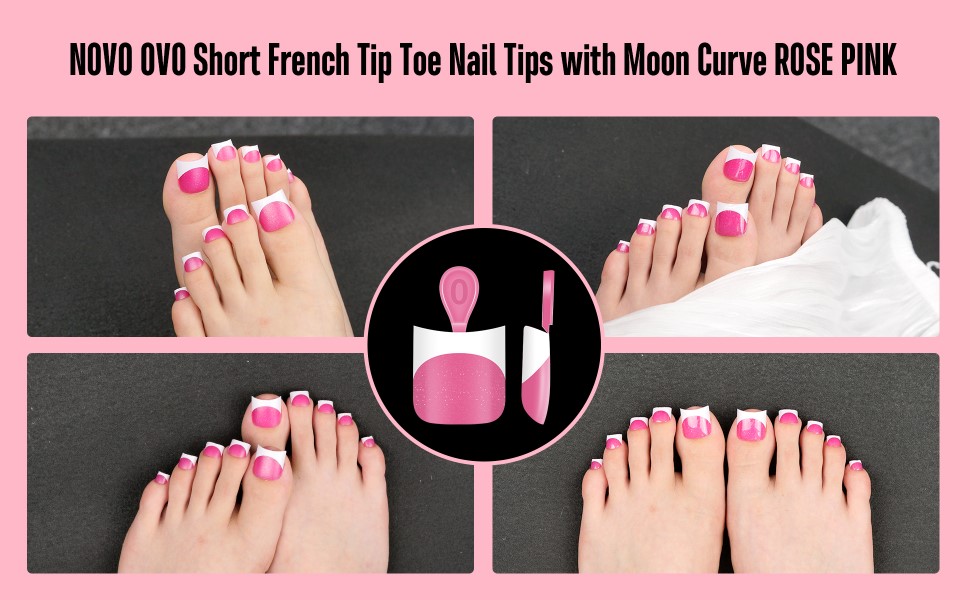 Short French Tip Toe Nail Tips with Moon Curve ROSE PINK