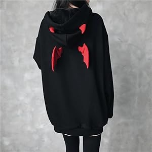 red hoodie with devil horns
