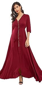 women maxi dresses button up v neck half sleeves a line flowy flared high waisted dress