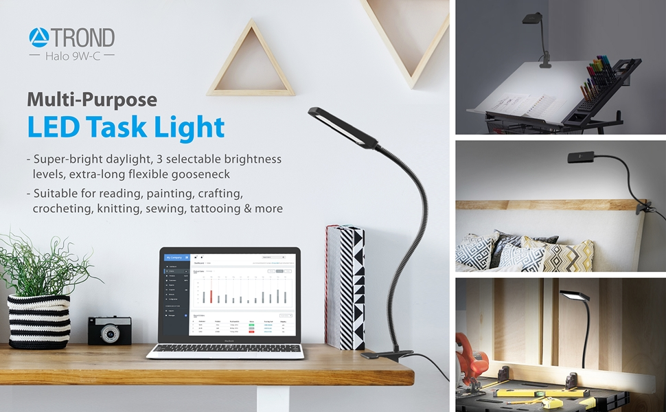 TROND LED Desk Lamp, Clip on Light Reading Desk Light, Book Clamp Light with Headboard 3Level
