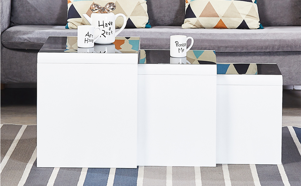 AINPECCA Nest of Tables High Gloss Nesting Tables with Tempered Glass