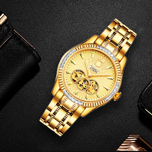 skeleton watches for men automatic  golden watch