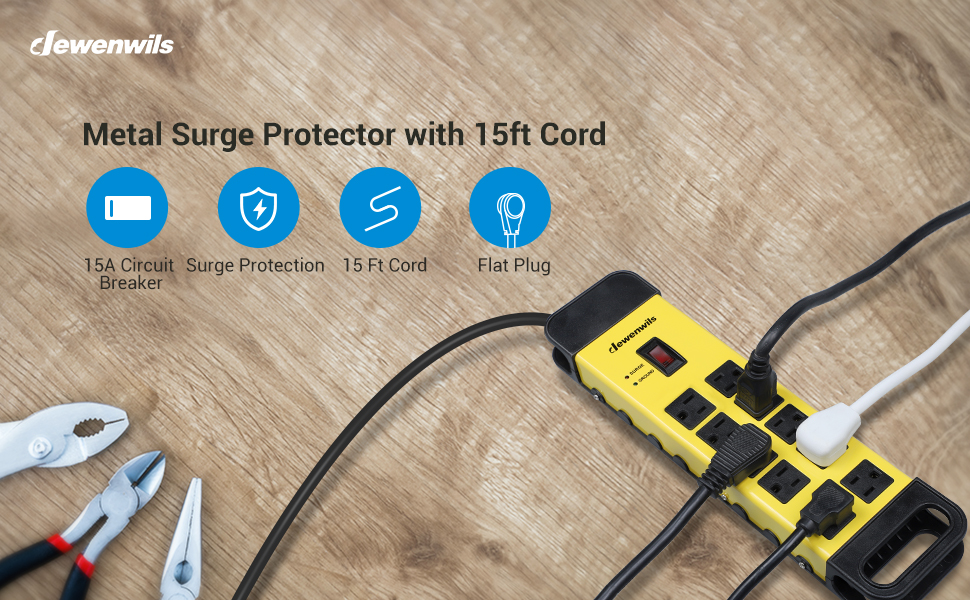 DEWENWILS 10Outlet Metal Surge Protector Power Strip with 15Ft Cord