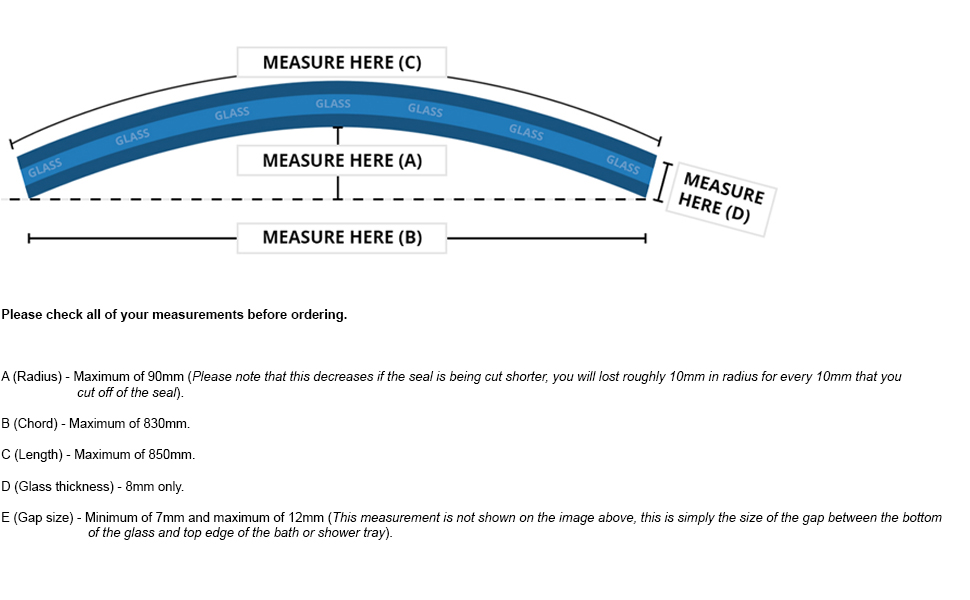 Pre Curved Shower Screen Door Seal Fits 8mm Glass Seals Gaps of Up