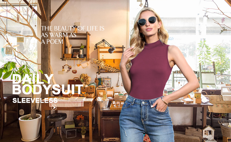 LAOLASI Women's Turtleneck high neck Sleeveless Slim Fit Casual Sexy Basic Extender Bodysuit