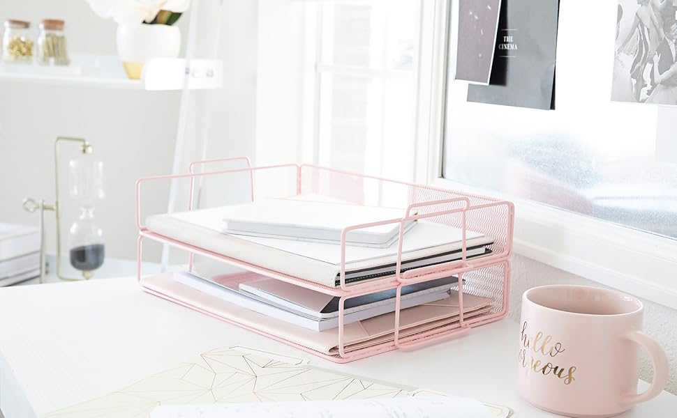 Blu Monaco Pink Desk Organizer Stackable Paper Tray Set of 2 Metal Wire Two Tier