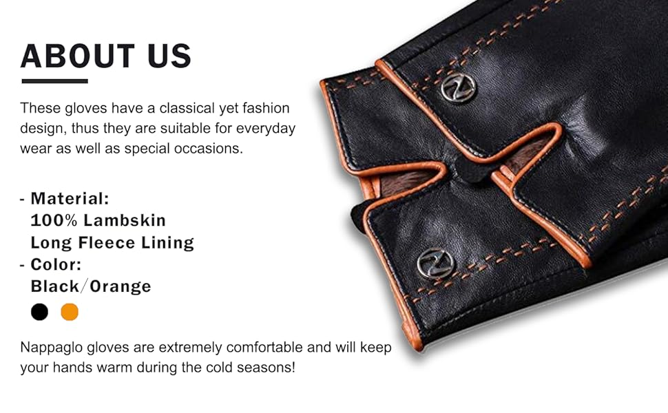 About us - Material:100% Lambskin,Long Fleece Lining;Color:Black/Orange
