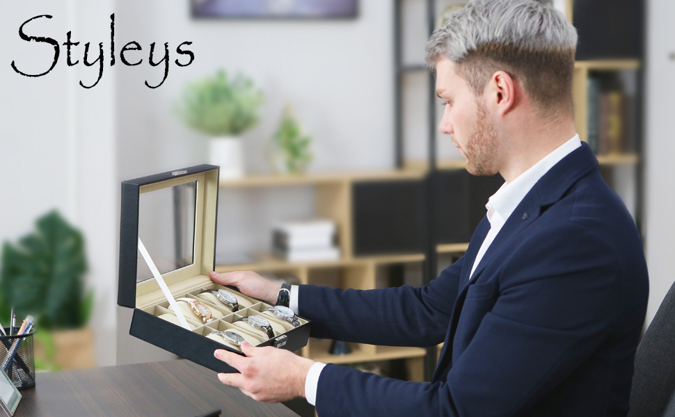 New Year Sale Styleys Watch Box Organizer Watch Case Watch Storage Box Organizer 10 Slots (W05, Black) - Faux Leather 6 Watch Storage Organizer