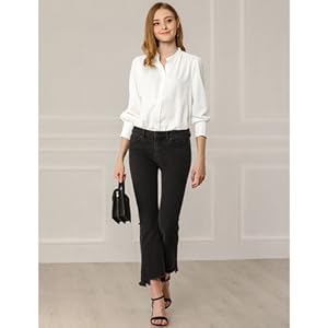 Allegra K Women's Work Office Stand Collar Button Down Long Sleeve Shirts Blouse