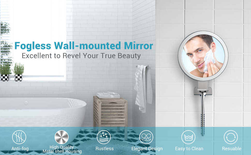 LUXEAR Fog Free Shower Mirror, Anti Fog Adhesive Round