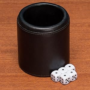  Premium Padded Black Leatherette Dice Cup with 5 Dice - Deluxe Casino Style Set