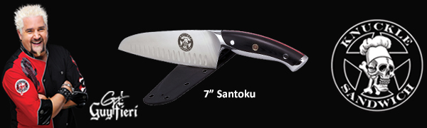 Amazon Com Ergo Chef Guy Fieri Knuckle Sandwich Knives Durable Japanese Aus8 Steel Blade With Bowie Style Tip And Hollow Ground Edge Includes Protective Kydex Sheath With Belt Clip 7 Inch Santoku Kitchen