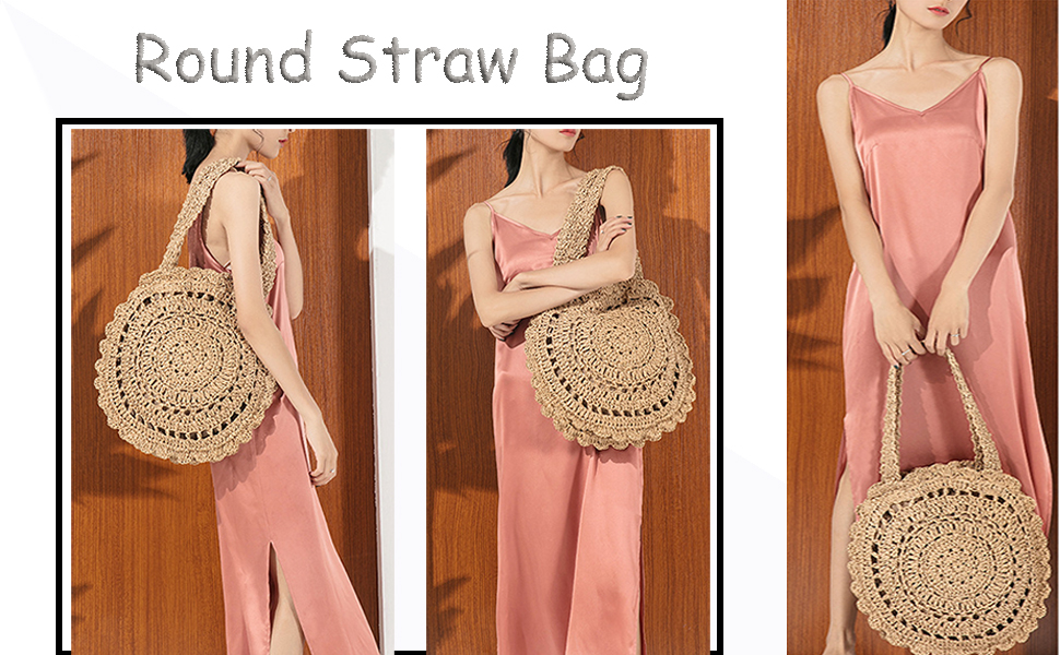 Women Straw Summer Beach Bag Handwoven Round Rattan Bag Cross Body Bag Shoulder Messenger Satchel 