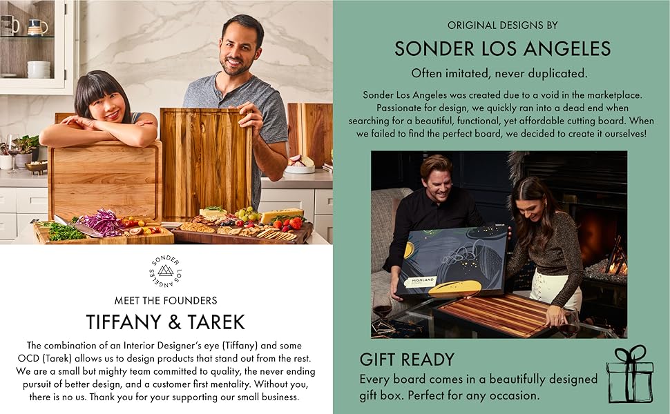 The founders of Sonder Los Angeles. A girl opening a gift box with a cutting board inside.