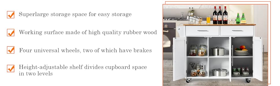 COSTWAY Kitchen Island Cart, Large Storage Trolley With 2 Drawers, 2 Cabinets, Knife Rack, 4 Lockable Wheels & Rubber Wooden Tabletop, Mobile Serving Utility Cart, 122 X 46 X 92cm (White) 12 4