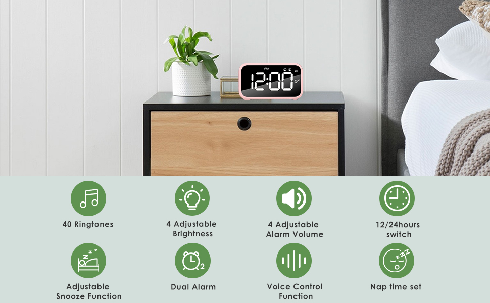 HOMVILLA LED Digital Alarm Clock, Bedside Clock with 40 Optional
