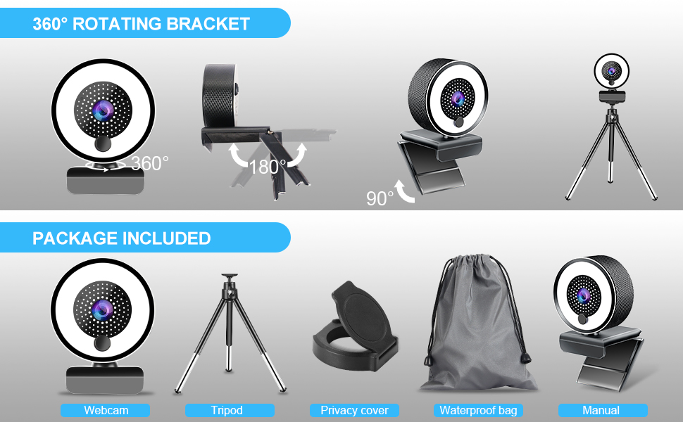 2K FHD Streaming Webcam with Ring Light and Dual Microphone