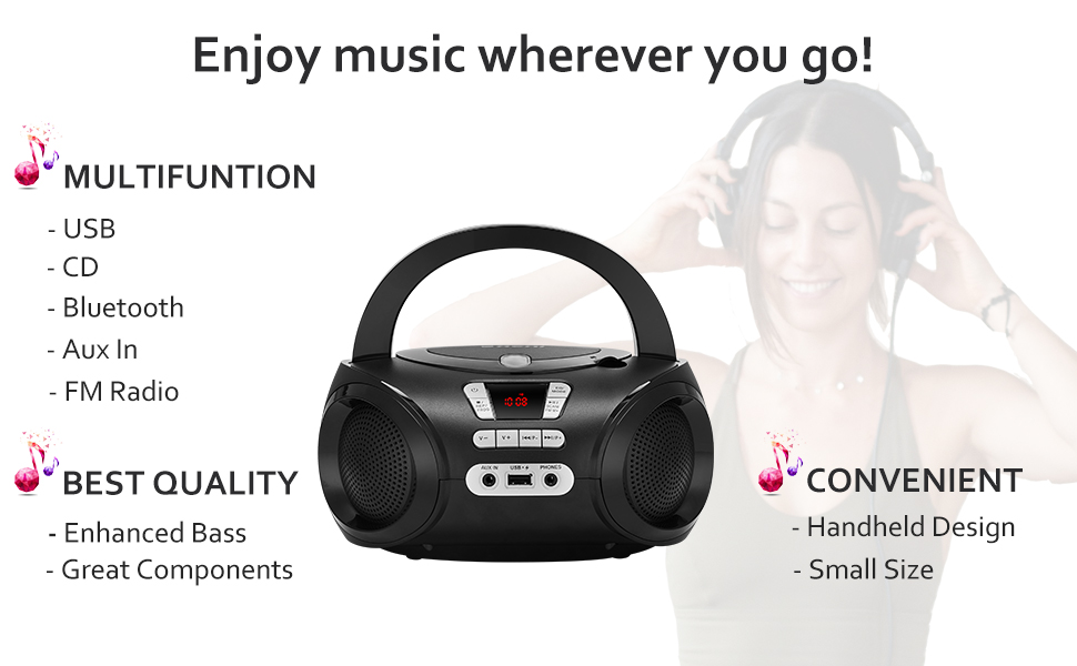 G Keni Portable CD Player Boombox with Bluetooth & FM Radio Mains
