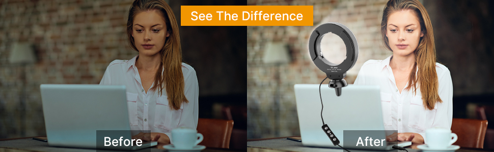 A clip-on LED light designed for video conferencing, gently illuminating a laptop screen.