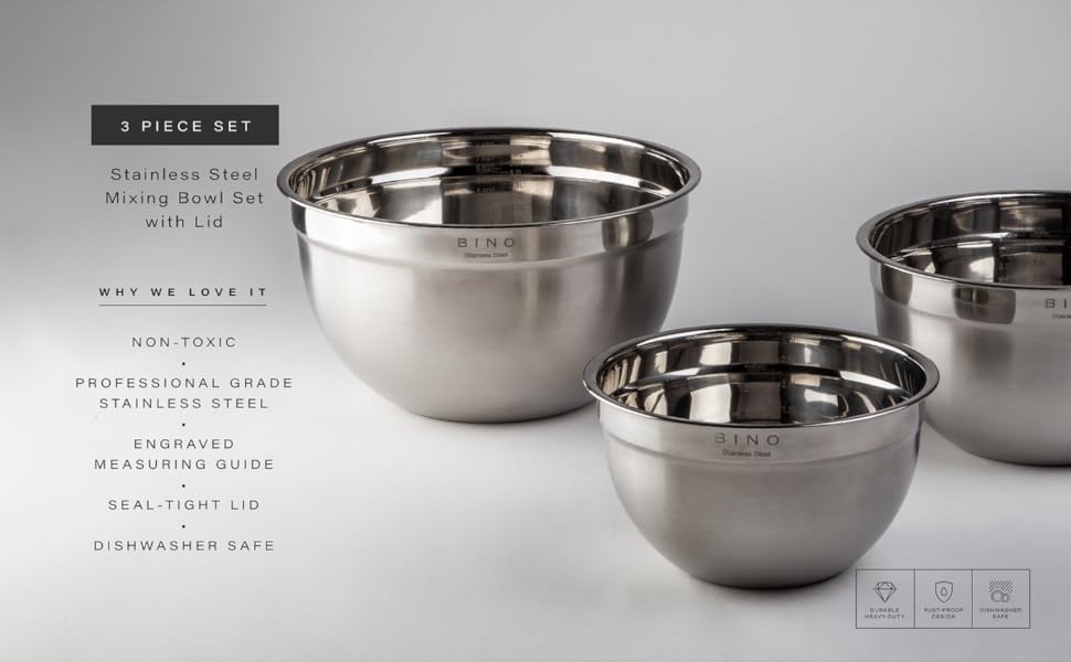 BINO 3Piece Stainless Steel Mixing Bowl Set with Lids