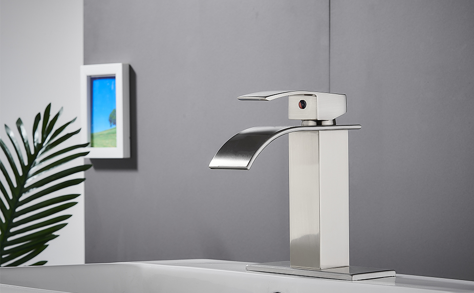 VOTON Waterfall Spout Single Handle Bathroom Faucet Brushed Nickel