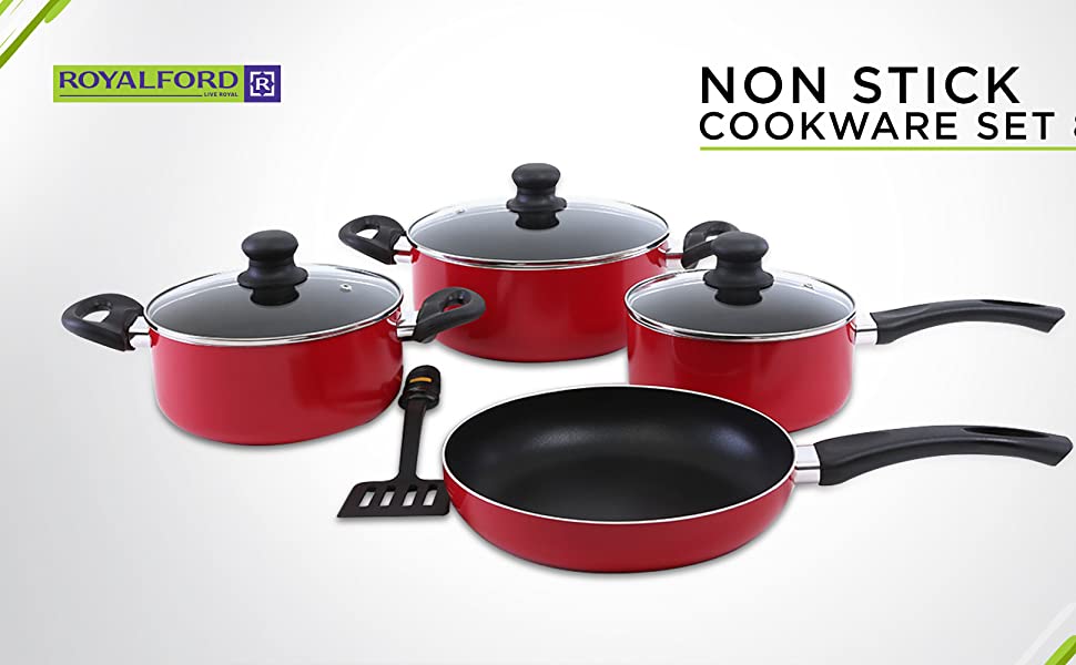 Royalford Rf6082 Scratch Resistant Cookware Set of 8 Pieces, Red And