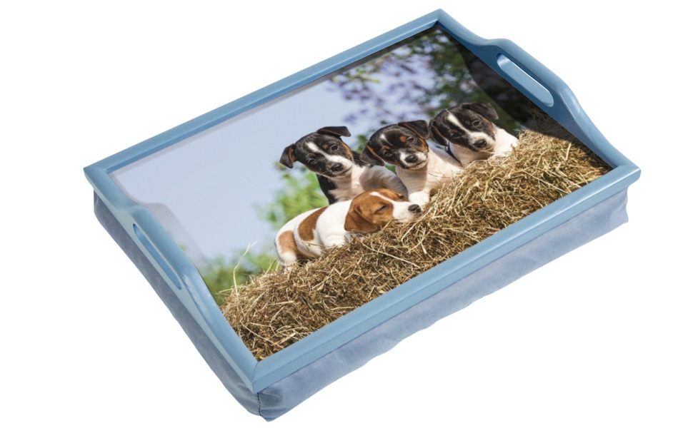 Wooden Lap Tray with Handles and Cushion Puppies Design Handles on Side