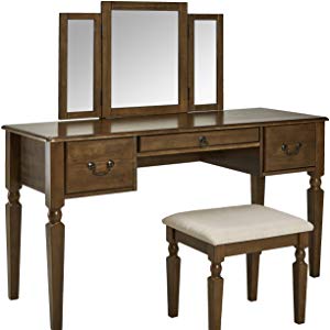 Amazonbasics Solid Wood Classic Dressing Table With Stool And 3 Piece Mirror Walnut Amazon In 3 Piece Vanity Mirror And Bench Set Antique Black