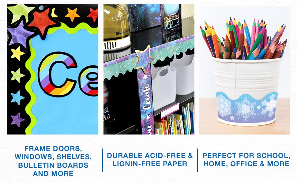 Carson Dellosa Black and White Polka Dot Bulletin Board Borders, 36 Feet of Scalloped Black and White Dot Classroom Borders for Bulletin Board, White Board, Cork Board, and Room Decor 10 3 examples of how to use borders to decorate a bulletin board, bookcase or pencil cup