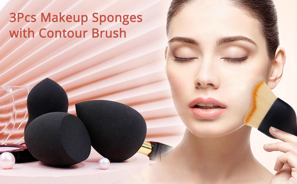 BEAKEY 3+1 Pcs Makeup Blender with Kabuki Contour Brush, Beauty Sponge