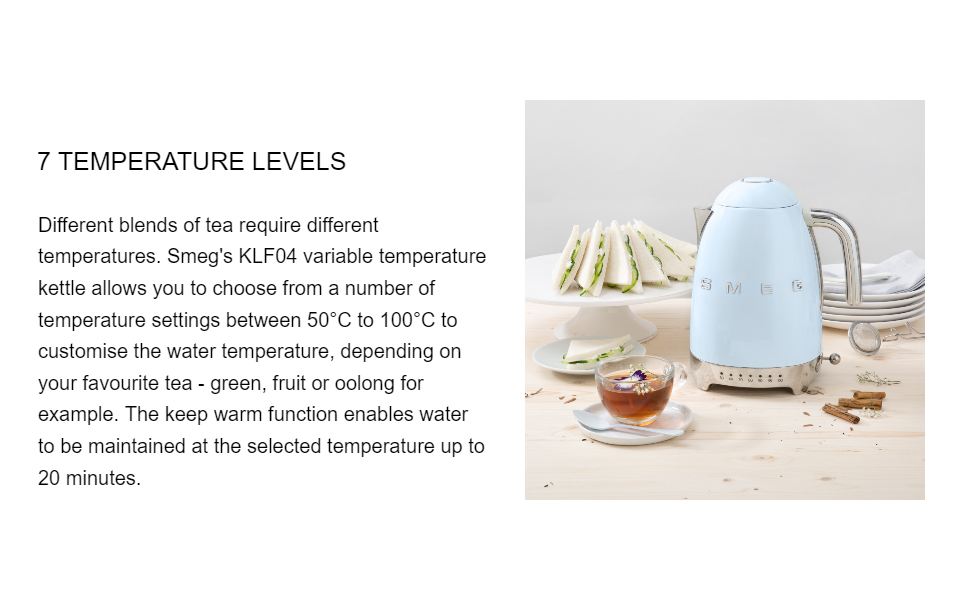 Smeg KLF04BLUK 50's Retro Style Kettle, 7 Temperature Settings, 1.7 L