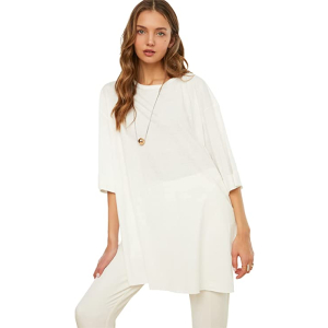 Trendyol womens Double Arm Wide Cut Asymmetric Boyfriend Knitted T-Shirt T-Shirt