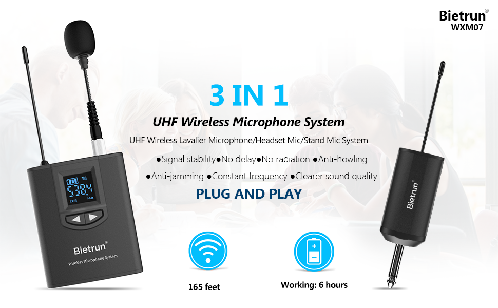 Bietrun UHF Wireless Lavalier Lapel Microphone System/Headset Mic/Stand